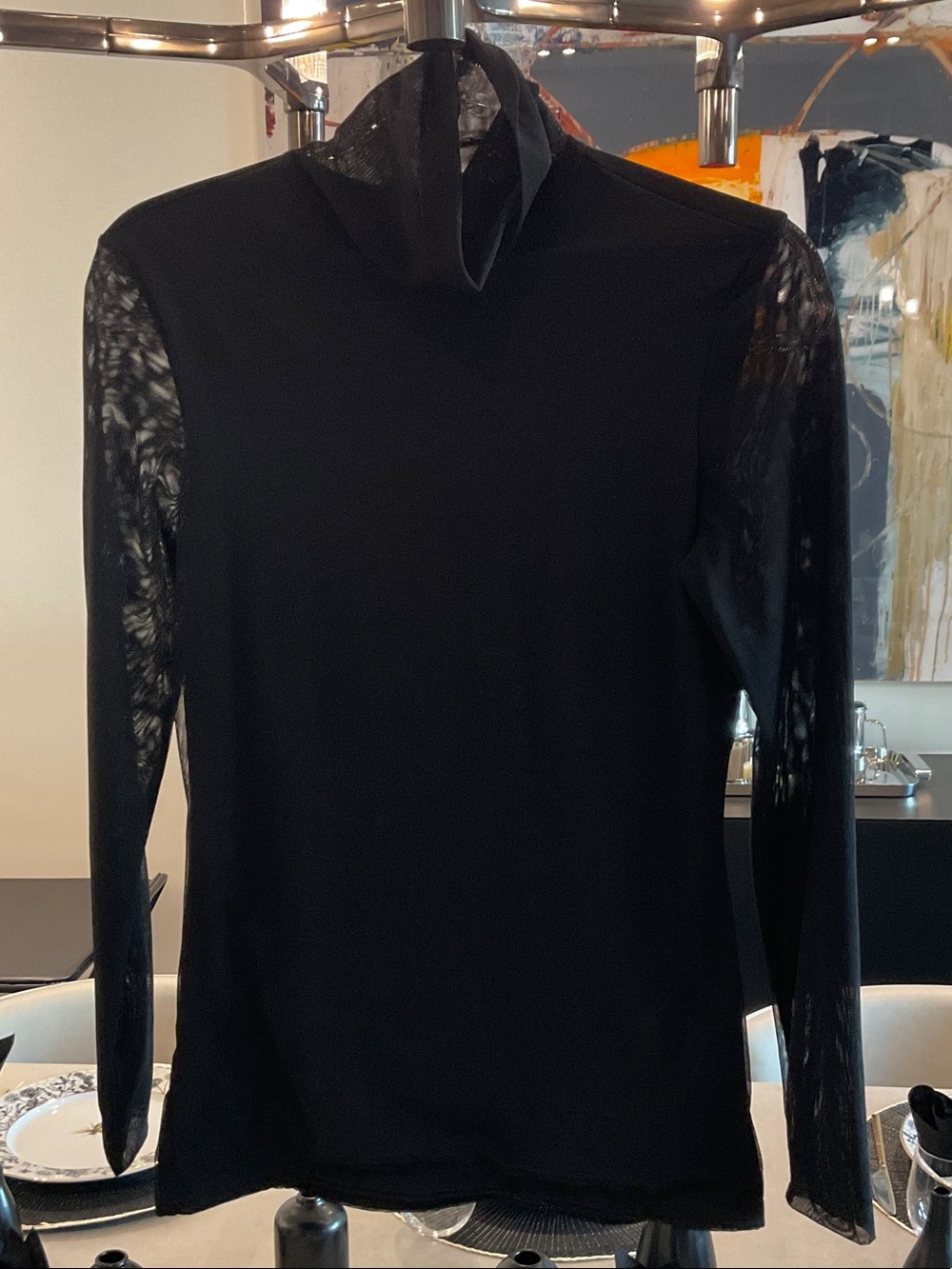 Women’s Black Long-Sleeve Mock Neck Top with Sheer Sleeves